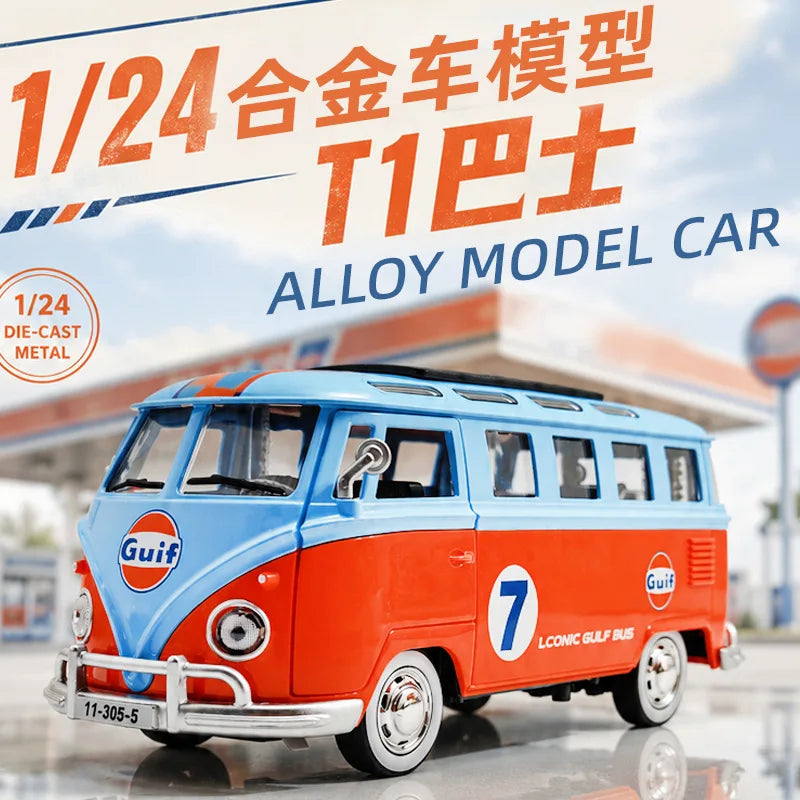 A vintage style diecast model car of a red and blue bus, titled 1/24 Alloy Model Car T11C, displayed outdoors.