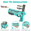 A teal airplane launcher toy with three foam planes shown in various installation steps.