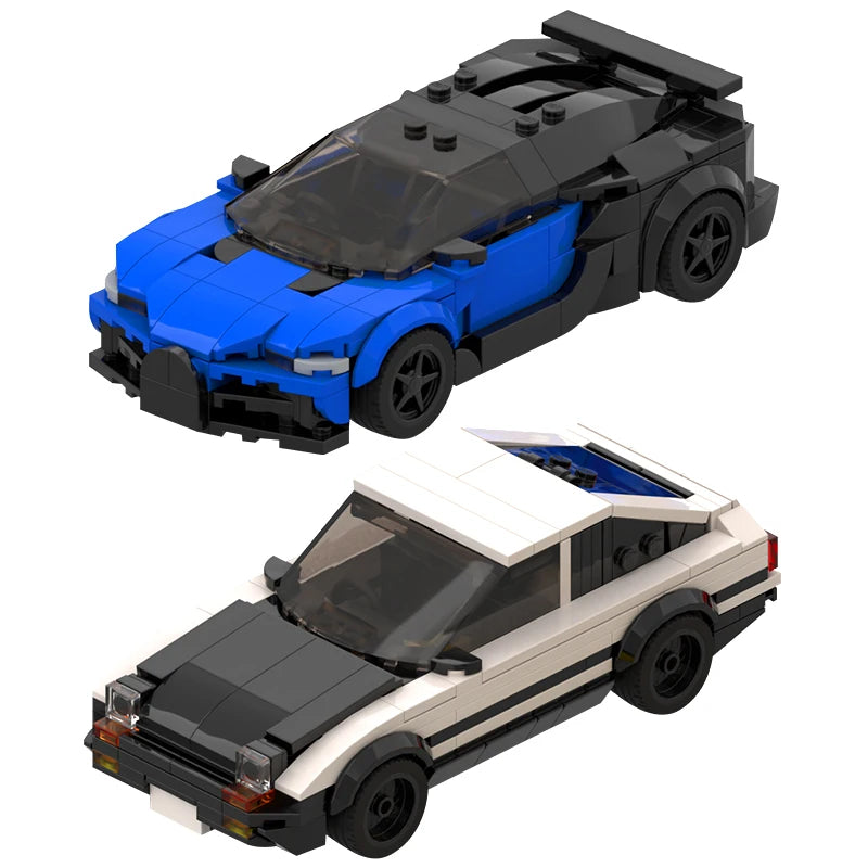 A black and blue classic supercar building blocks set shown from above and the side.