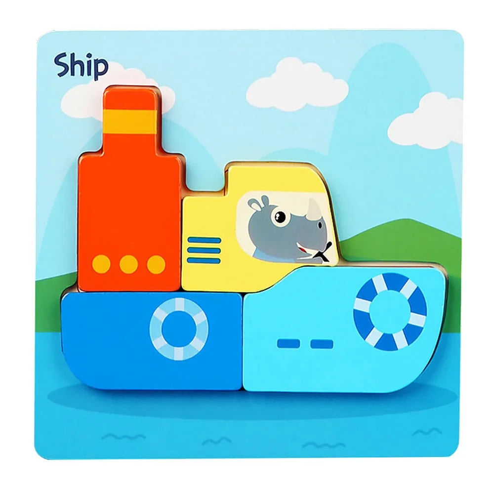 A set of three colorful wooden puzzle pieces shaped like buildings and a cat for a children's activity.
