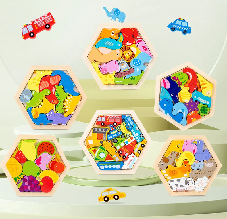 A collection of wooden 3D jigsaw puzzles featuring various colorful animals and vehicles arranged on a light green surface.