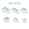 Size detail diagram showing various dimensions of rubber band building blocks.