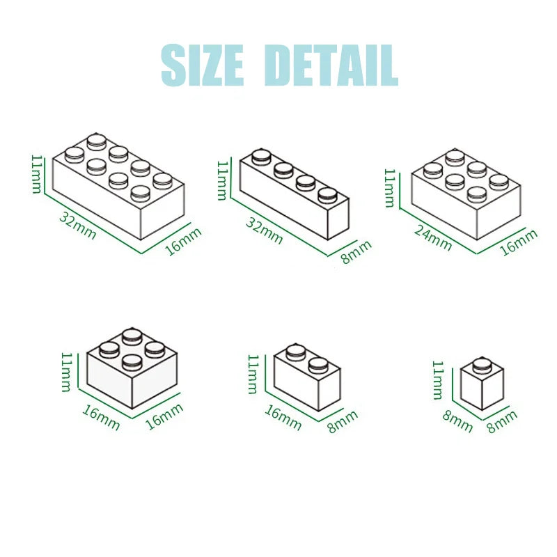 Size detail diagram showing various dimensions of rubber band building blocks.