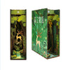 A vertical wooden book nook kit featuring a dense green forest scene with illuminated animals and foliage.
