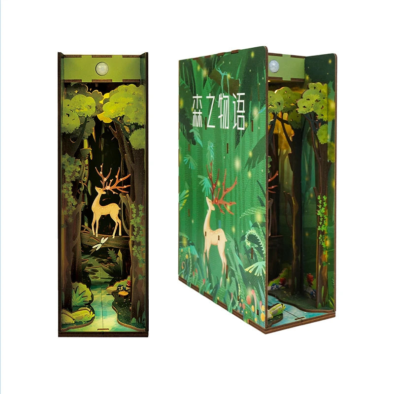 A vertical wooden book nook kit featuring a dense green forest scene with illuminated animals and foliage.