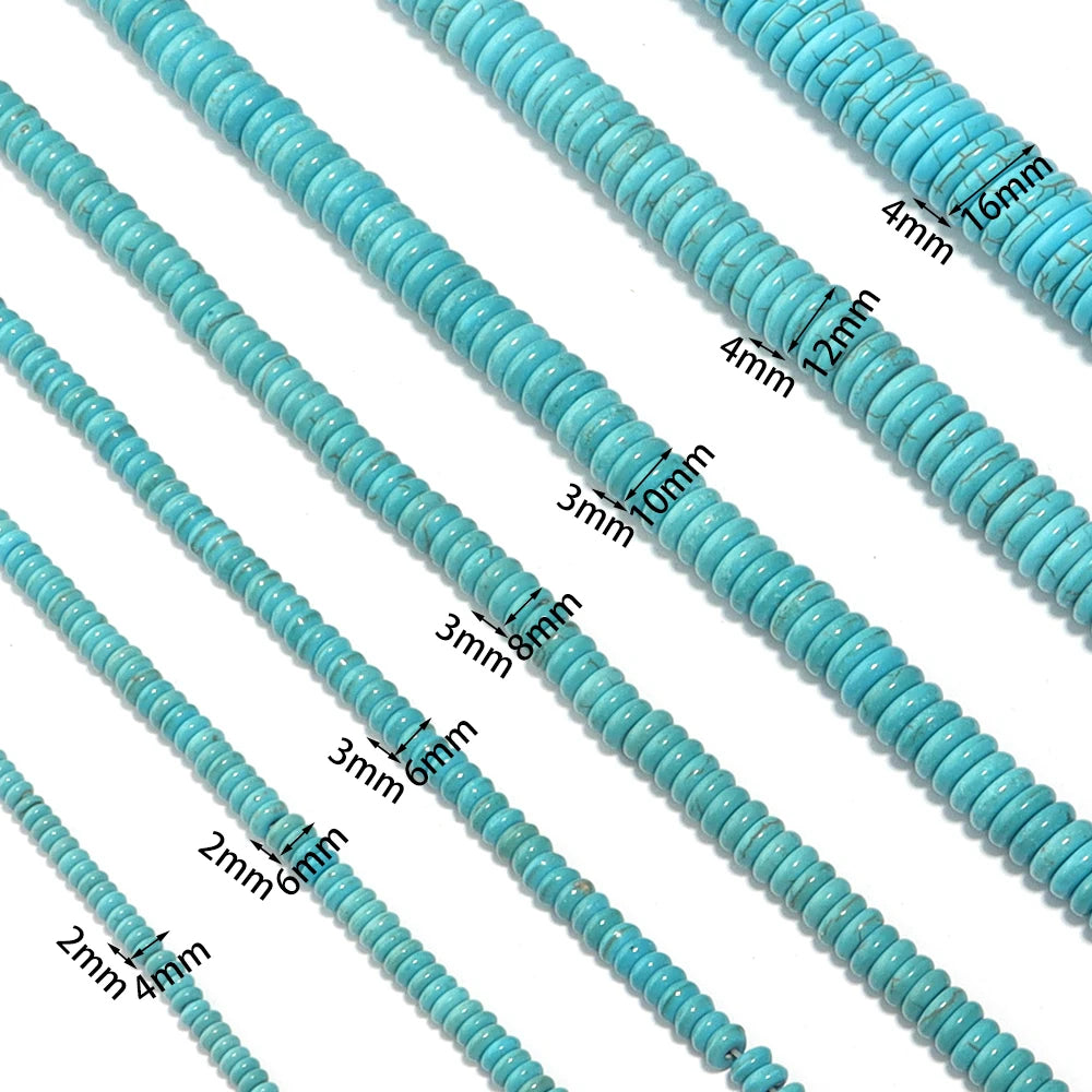 A collection of natural turquoise stone beads of various sizes and lengths, strung together for jewelry making.