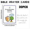 A set of 30 illustrated Bible prayer cards featuring scripture like Matthew 6:34