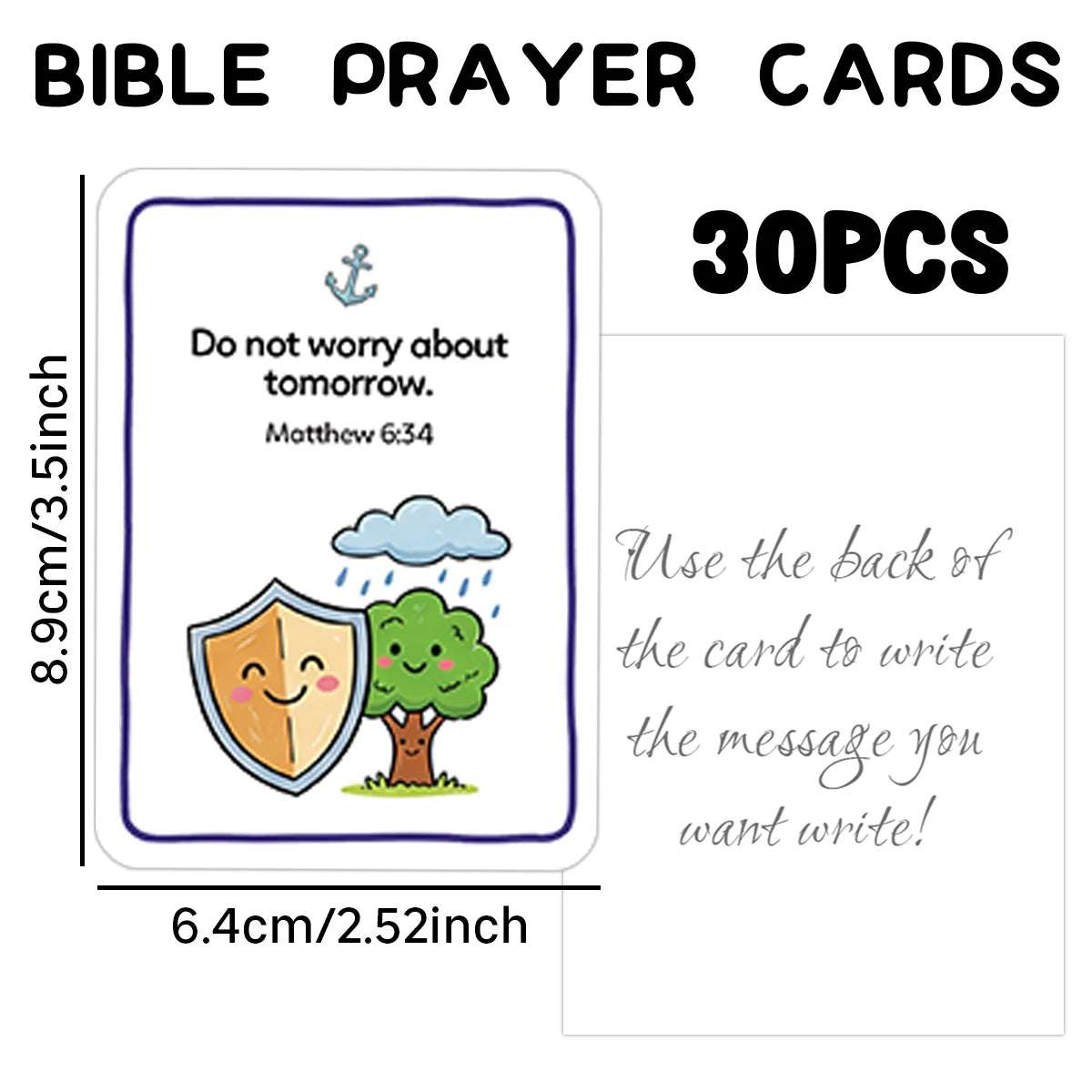 A set of 30 illustrated Bible prayer cards featuring scripture like Matthew 6:34