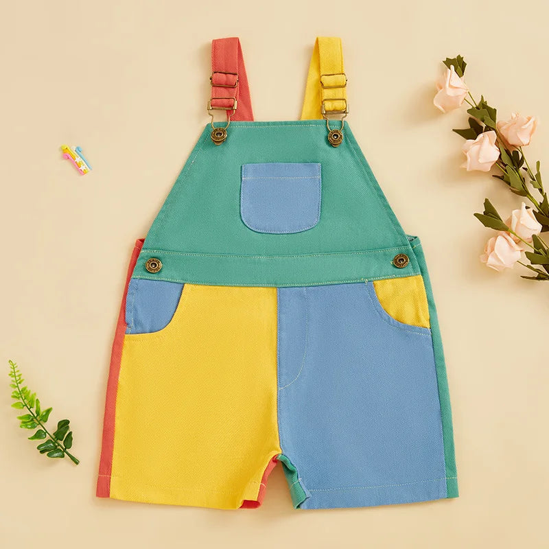 A summer contrast color overalls romper for toddlers in shades of green, yellow, and blue.