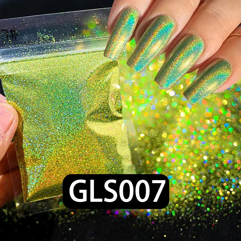 A hand displays a vibrant holographic green nail glitter polish, labeled GLS007, with fine sparkle dust on the nails.