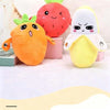 Three plush toys shaped like a carrot, strawberry, and banana are displayed on a white surface.