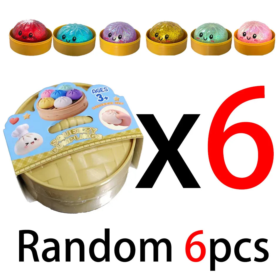 Six colorful squishy dumplings stress balls in a yellow basket