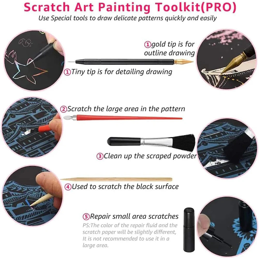 A set of tools for scratch art painting including a gold tip, tiny tip, and a tool to scratch the surface.