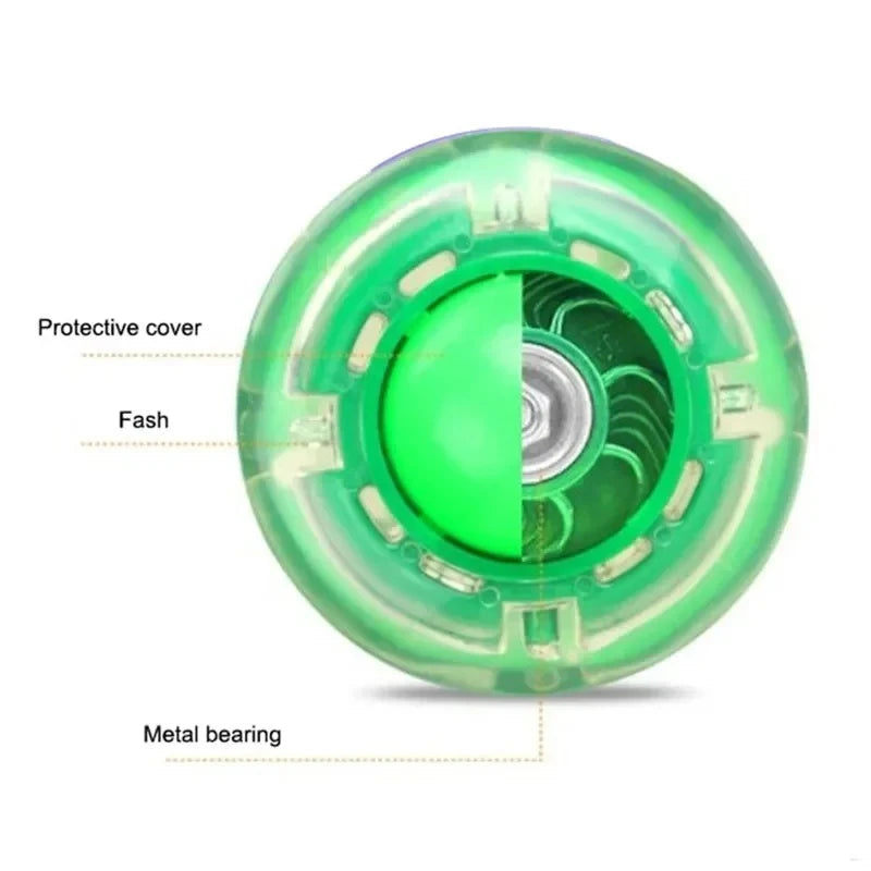 A close-up view of a green protective cover for a flashing bouncing ball with a metal bearing.