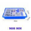 A clear plastic box containing various STEM robotics engineering building components and parts.