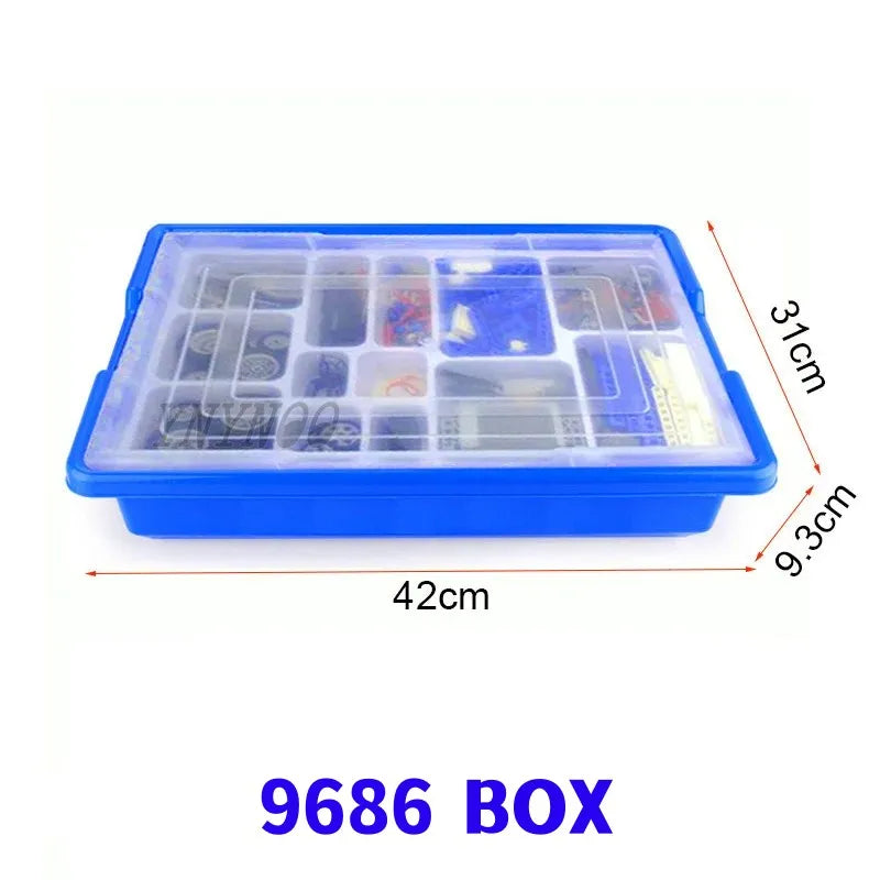 A clear plastic box containing various STEM robotics engineering building components and parts.