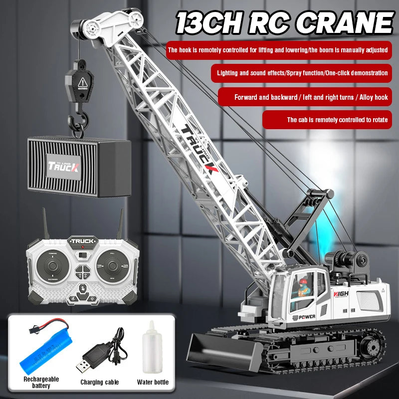 A remote control spray crane truck with alloy construction is shown, featuring a boom and various accessories.