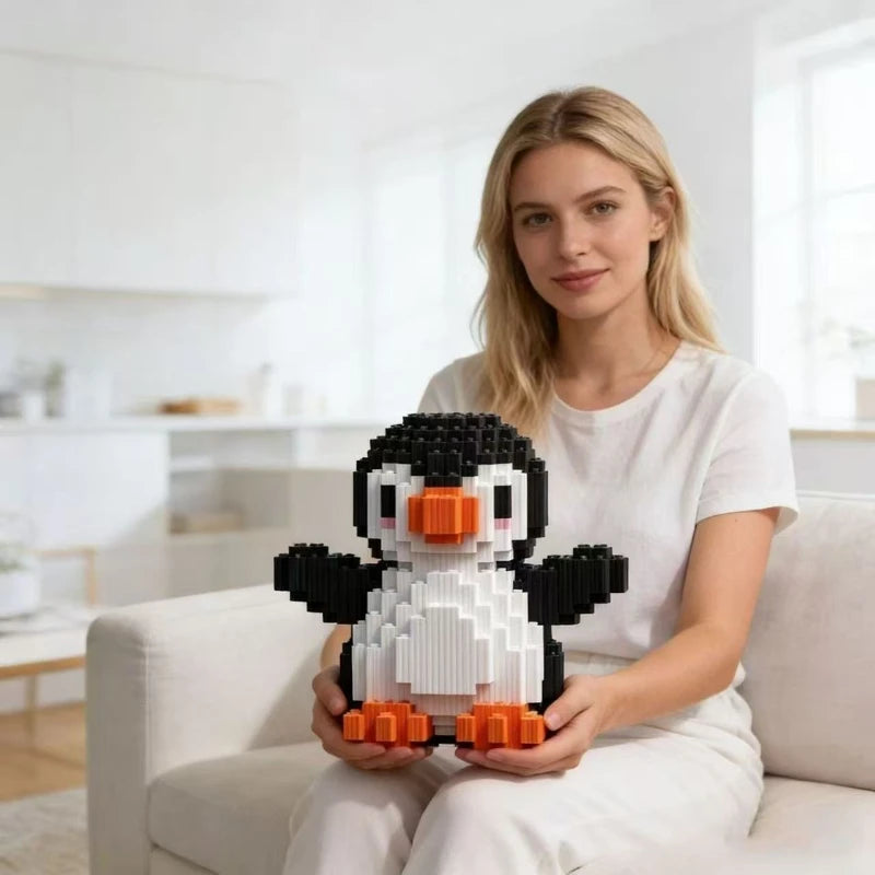 A woman holds a black and white penguin mini building block set on her lap in a bright indoor setting.