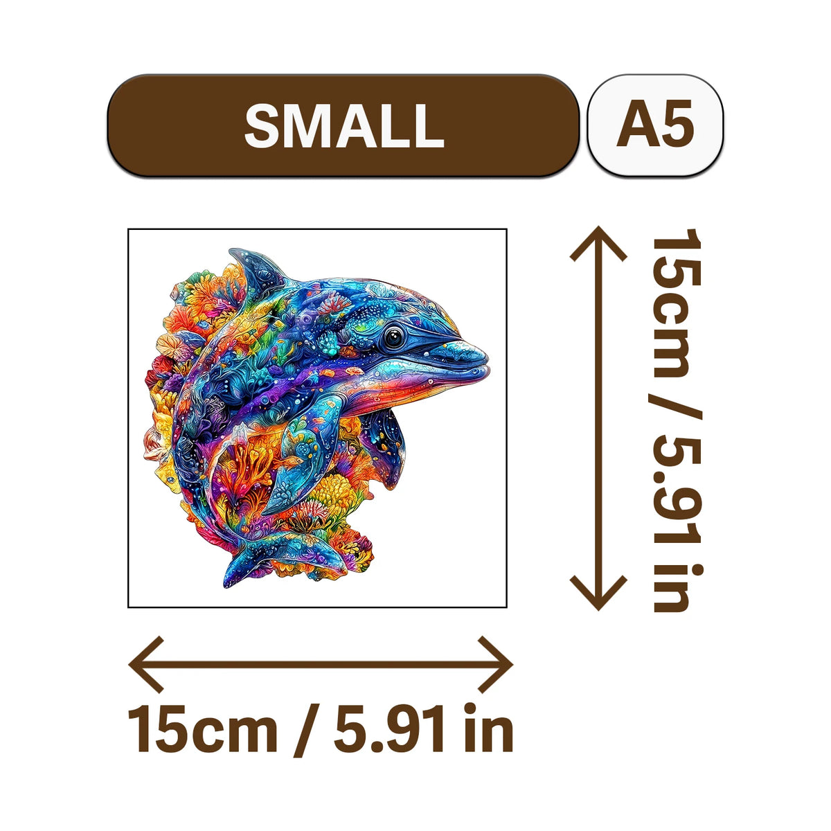 A small A5 wooden jigsaw puzzle of a colorful fish.