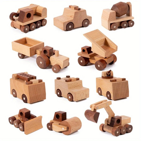 A collection of eleven solid wood engineering vehicle models and components.