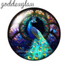 A round glass cabochon featuring a vibrant blue peacock with iridescent green and gold feathers set in an ornate floral backg