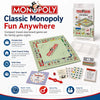 A compact travel-size Monopoly board game set with cards and pieces for family fun