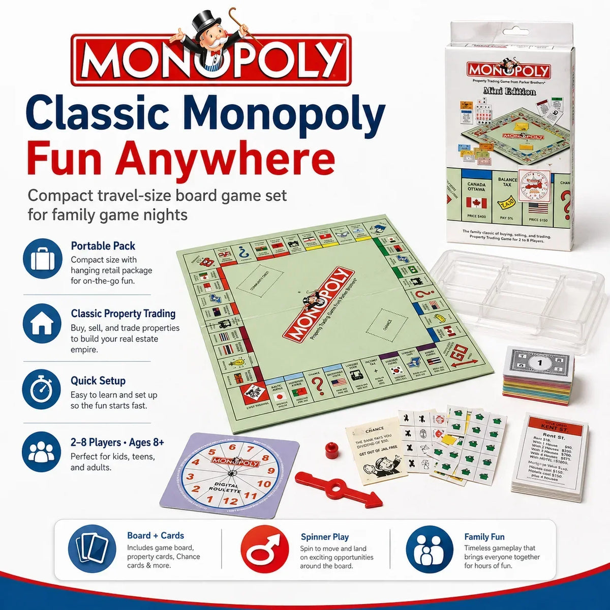 A compact travel-size Monopoly board game set with cards and pieces for family fun