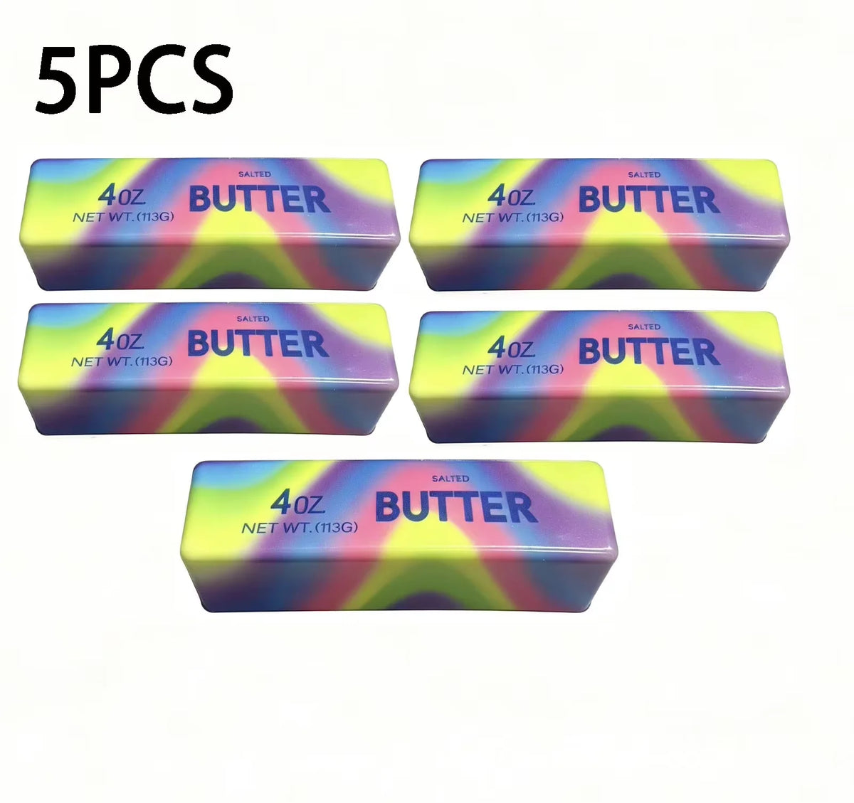 Five individual salted butter stick squishy toys in various colors and packaging.