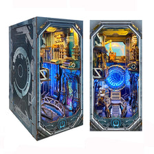A detailed wooden miniature model kit of a planetary era scene with internal LED lighting and puzzle elements.