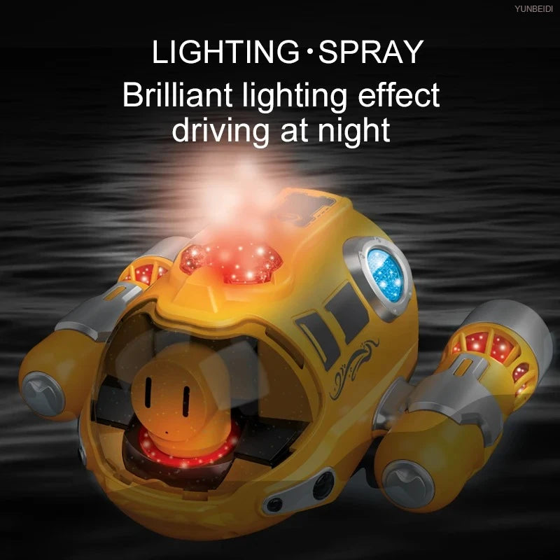 Bateau à eau électrique jaune avec effet lumineux brillant la nuit.