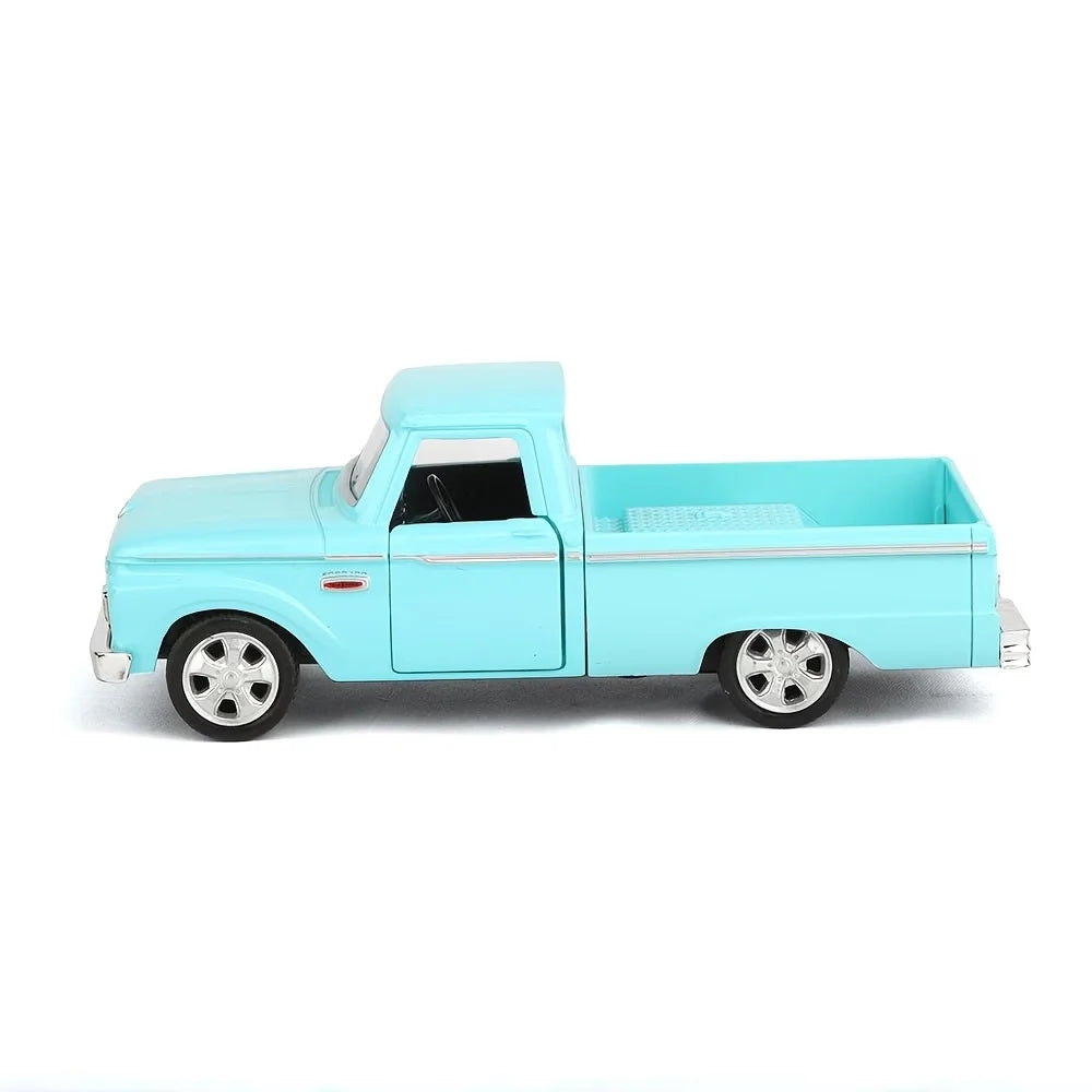 Light blue Ford F-100 pickup truck diecast model car in a pull-back toy style.