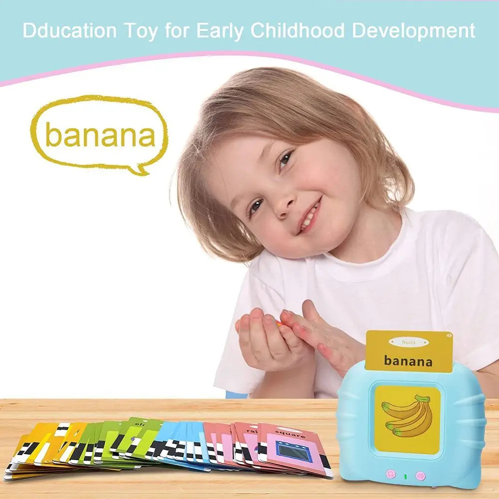 A young girl is holding a set of colorful banana flash cards for early childhood development.