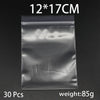 A clear resealable plastic bag containing 30 pieces of small items, with dimensions 12x17cm and a weight of 85g.