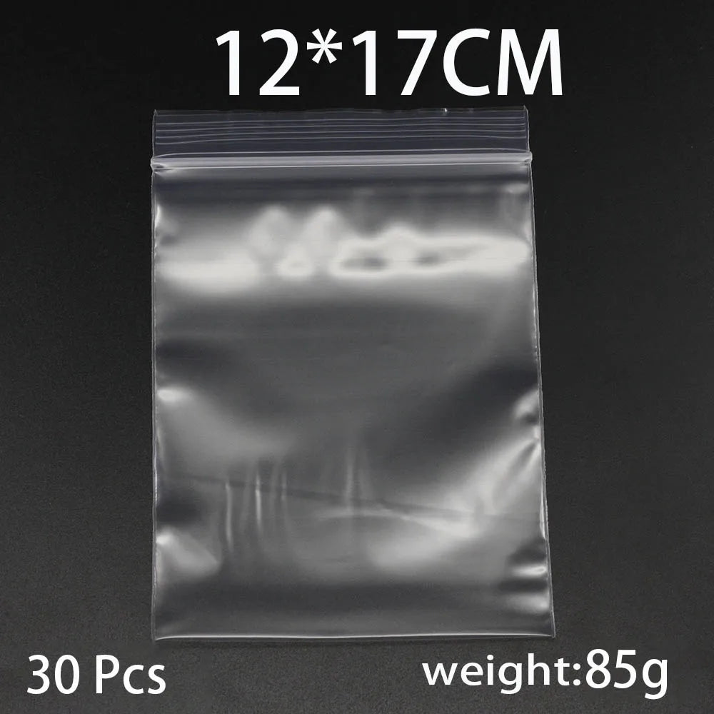 A clear resealable plastic bag containing 30 pieces of small items, with dimensions 12x17cm and a weight of 85g.