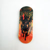 A wooden fingerboard deck with a UV-printed graphic featuring a black silhouette of a dragon against an orange background.