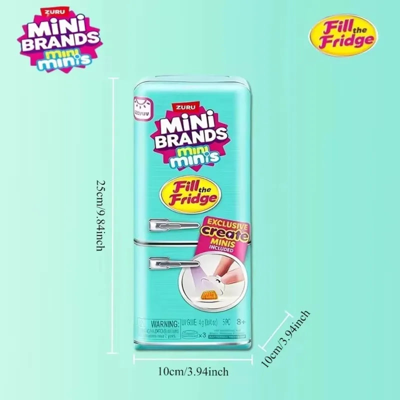 A vertical mini fridge playset in light blue with a yellow label, showing food accessories and an exclusive create feature.