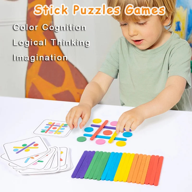 A young child is playing with a rainbow stick puzzle game featuring colored sticks and matching boards.