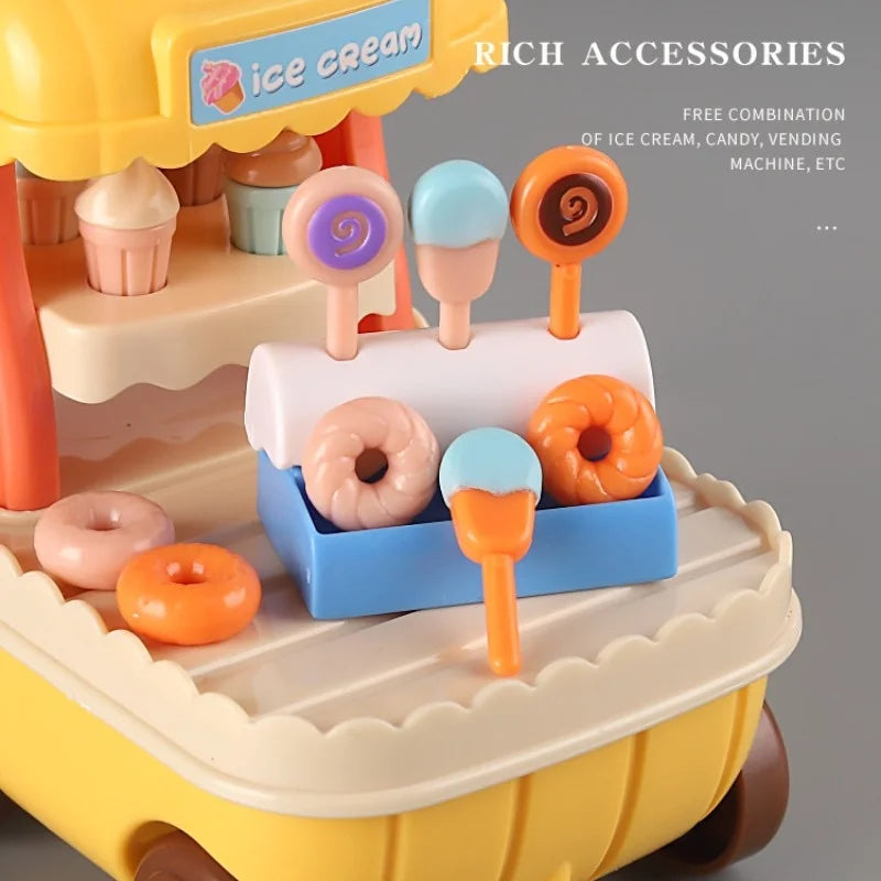 A yellow miniature dollhouse playset featuring an ice cream stand with various accessories and treats.