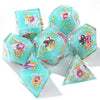 A set of seven pink floral butterfly resin polyhedral dice for tabletop role-playing games