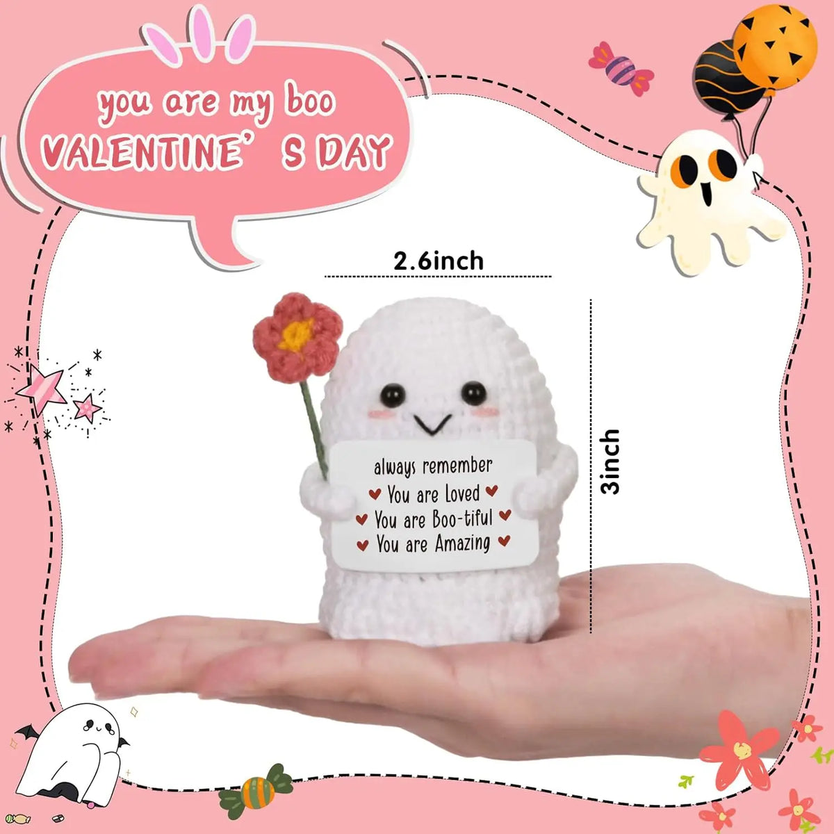 A handmade white crochet ghost doll is held in a hand, with a speech bubble saying You are my Boo Valentine's Day.