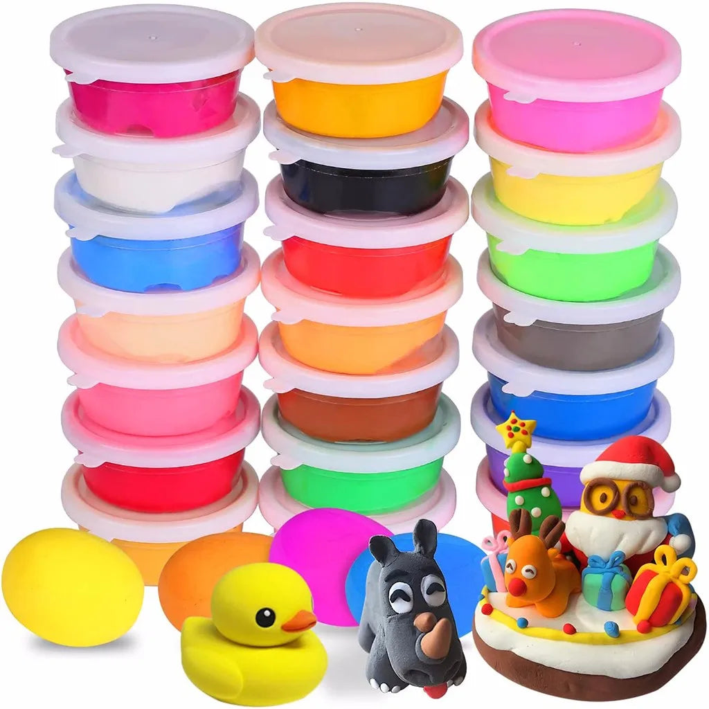 A set of 24 colorful modeling clay containers in various bright and pastel colors, including yellow, pink, blue, green, and o