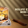 A box kit for a Rolife expandable mini house featuring a bedroom design with furniture and lighting.