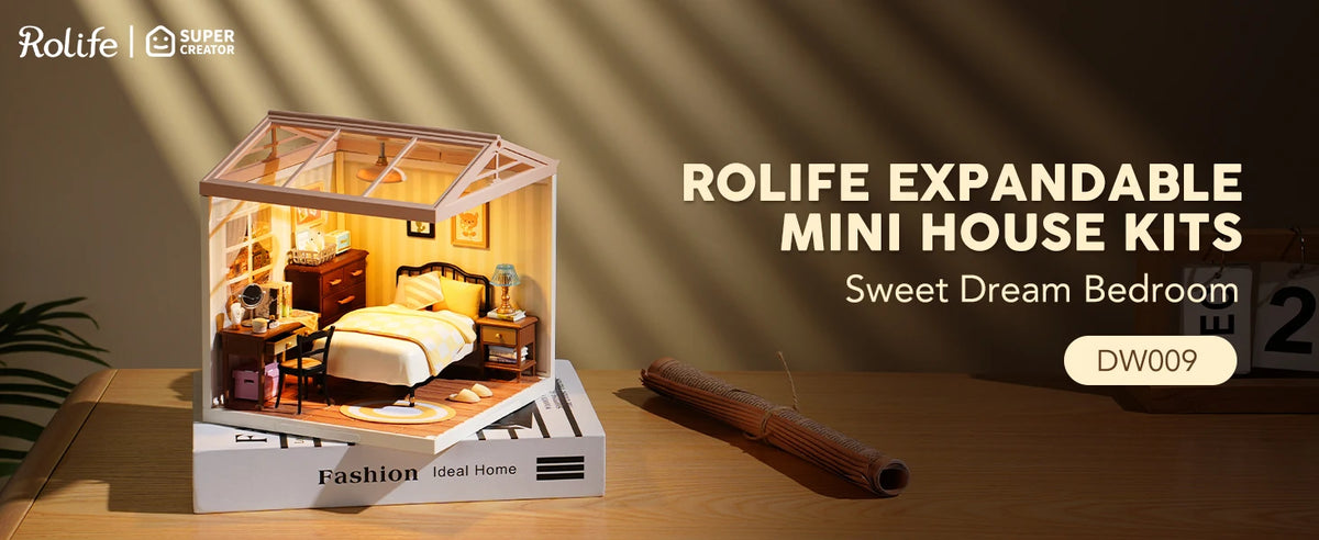 A box kit for a Rolife expandable mini house featuring a bedroom design with furniture and lighting.