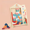 A wooden Tetris puzzle set featuring colorful blocks arranged in a frame.