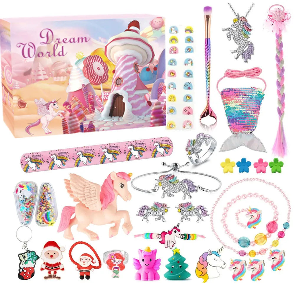 A colorful advent calendar box featuring mermaid jewelry, including earrings, rings, and charms.
