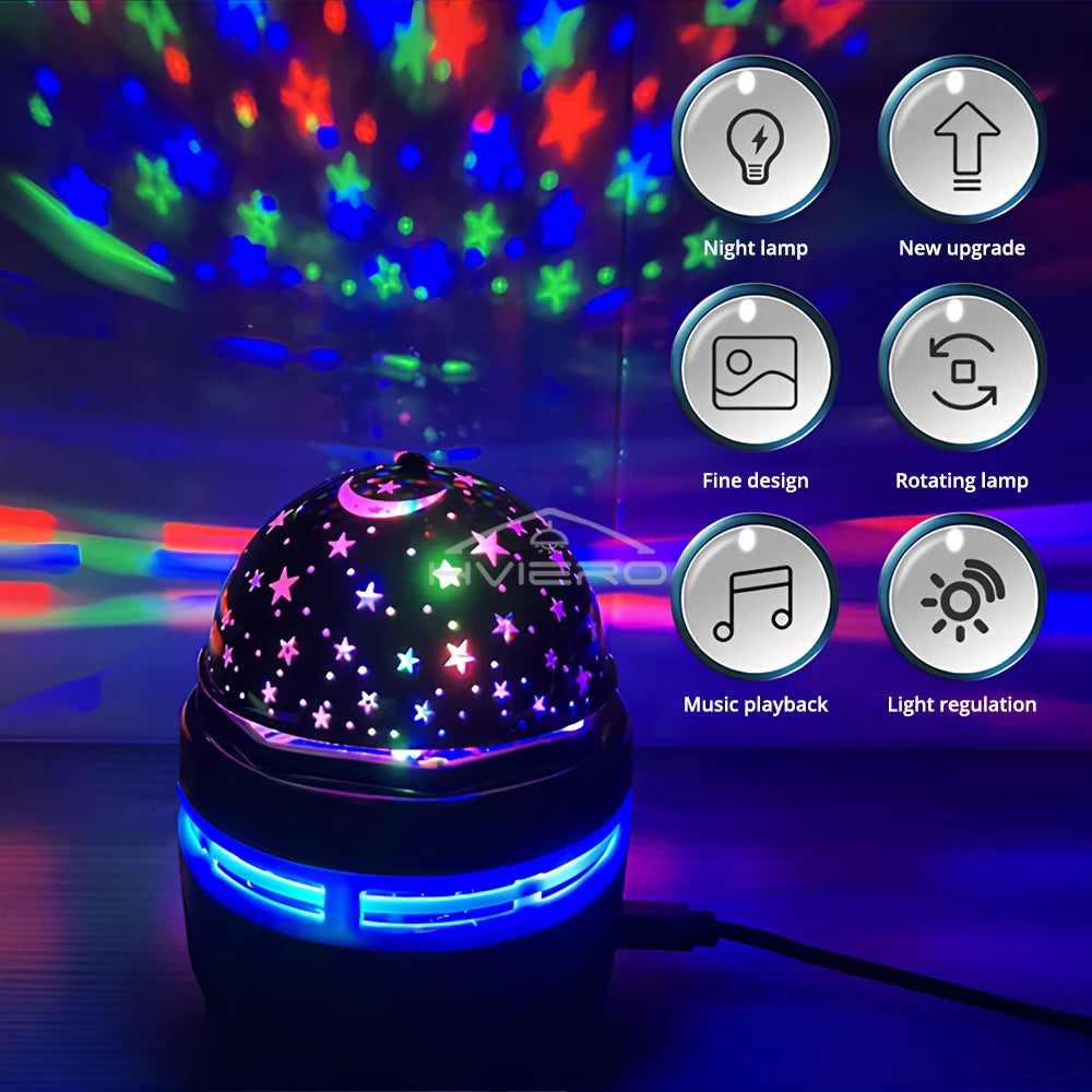 A black projector emits a starry night light display and features buttons for various functions like night lamp, new upgrade,