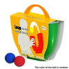 An orange box for a U-shaped juggling ball skill toy with a green tube visible inside.