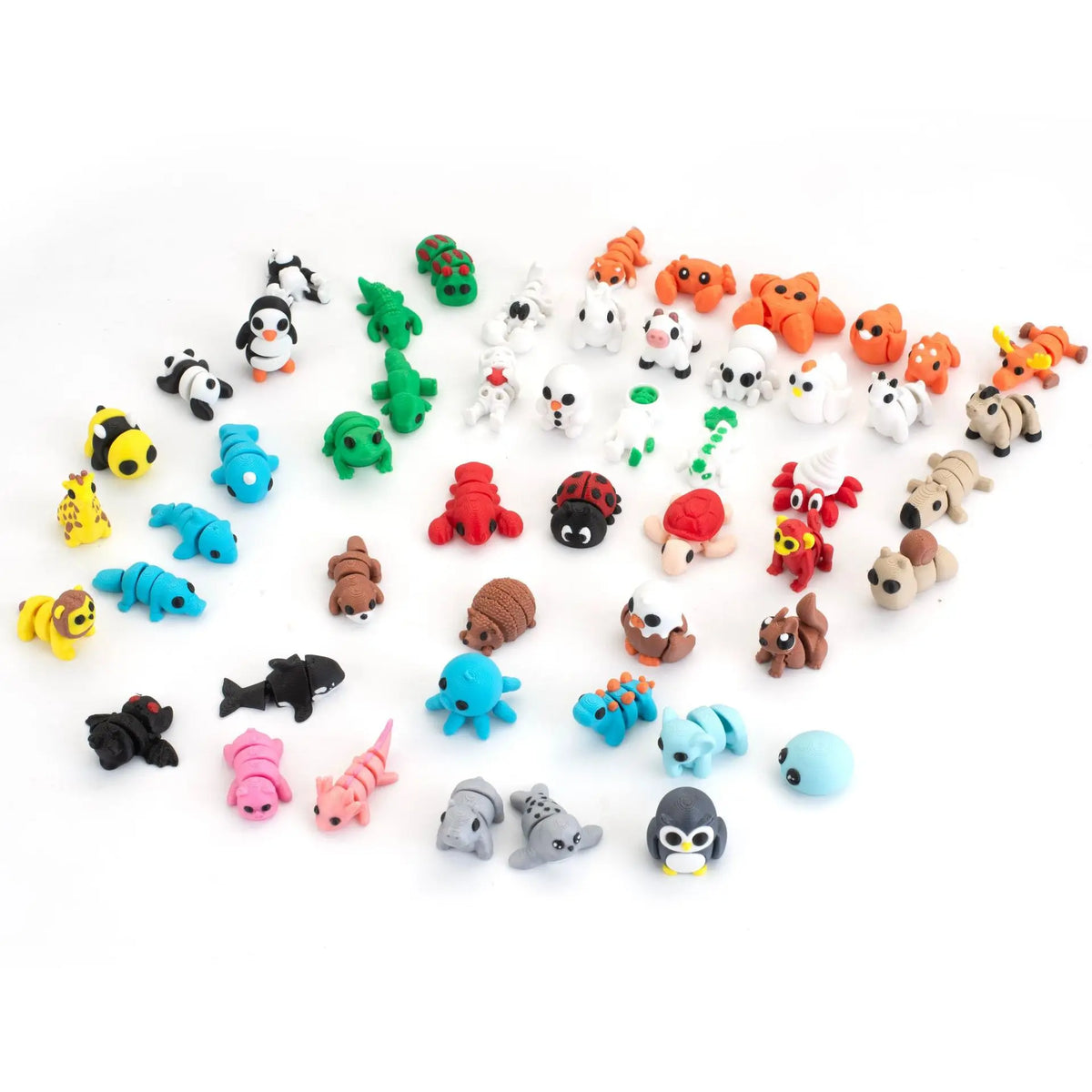 A collection of colorful poseable 3D printed animal figurine set featuring various animals like bears, cats, and birds.