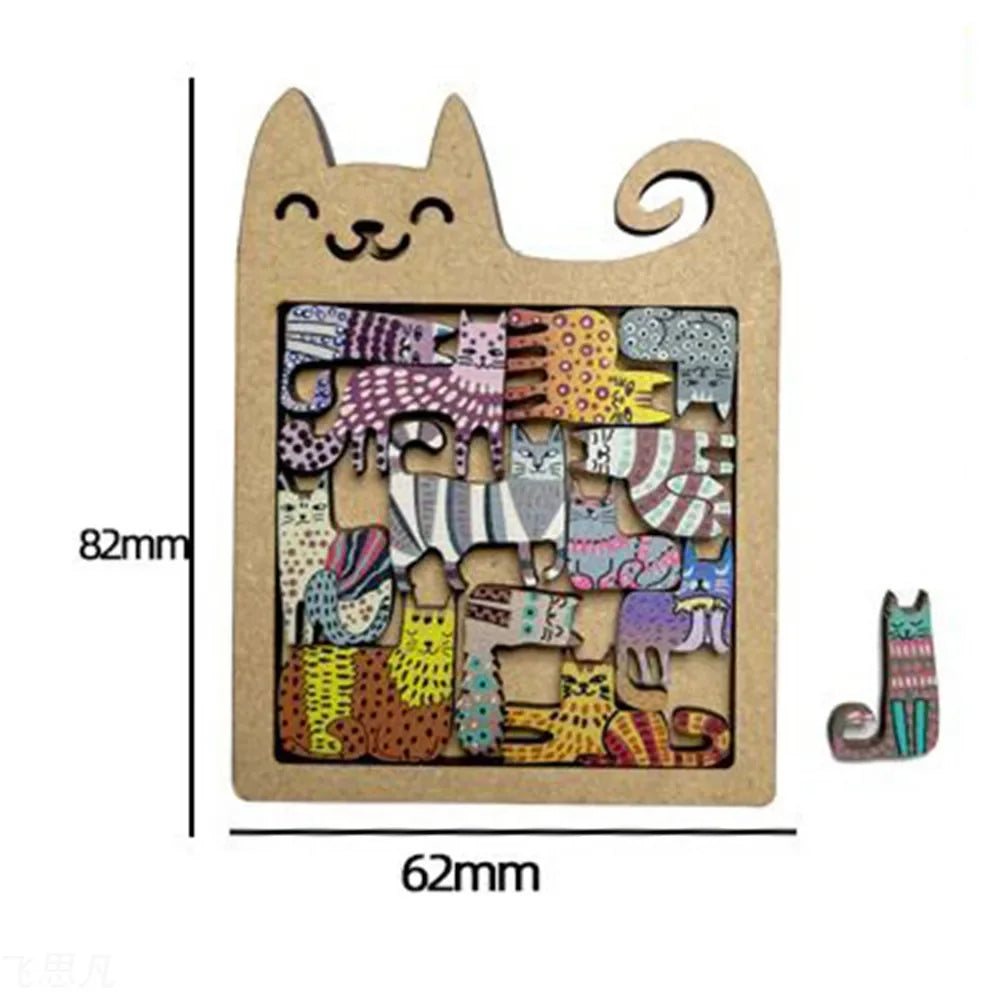A wooden puzzle shaped like a cat, featuring various patterned pieces for a brain teaser.