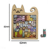 A wooden puzzle shaped like a cat, featuring various patterned pieces for a brain teaser.